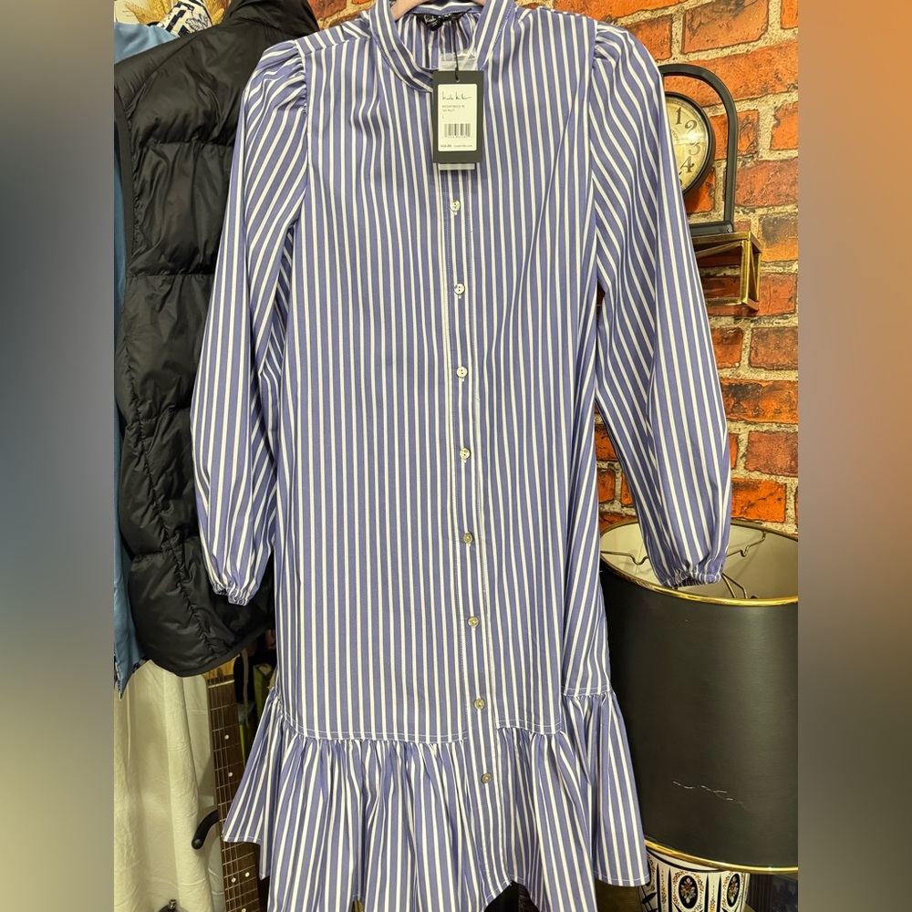 Striped Blue and White Women Midi Dress (L) US 10 Nicole Miller (New with Tags)